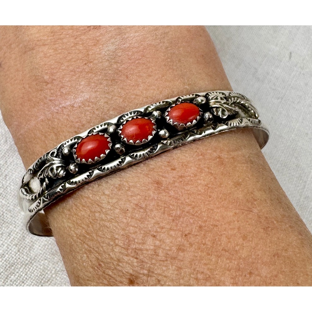 Southwestern Sterling Silver Red Coral Leaf Cuff Bracelet Stamped S Sterling - Picture 8 of 8
